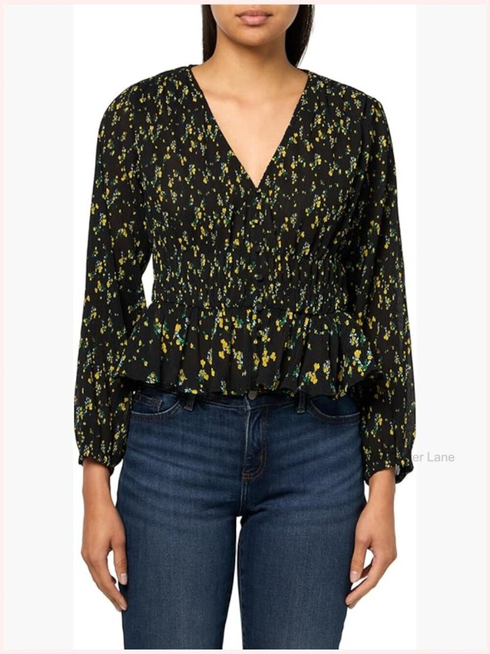 Woven Long Sleeve V-Neck Blouse Floral Print Polyester